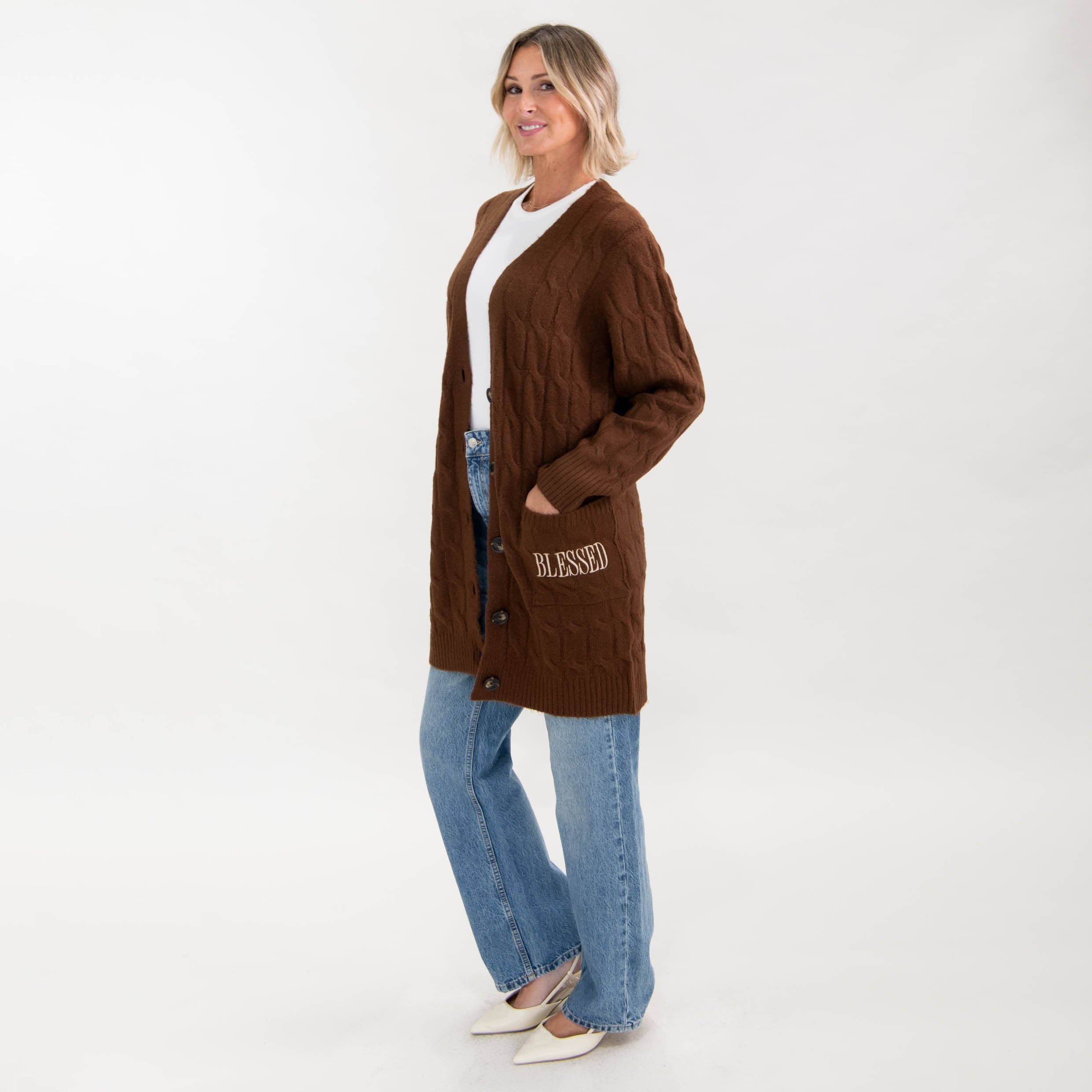 Brown Blessed Cable Knit Cardigan for wholesale on Faire8