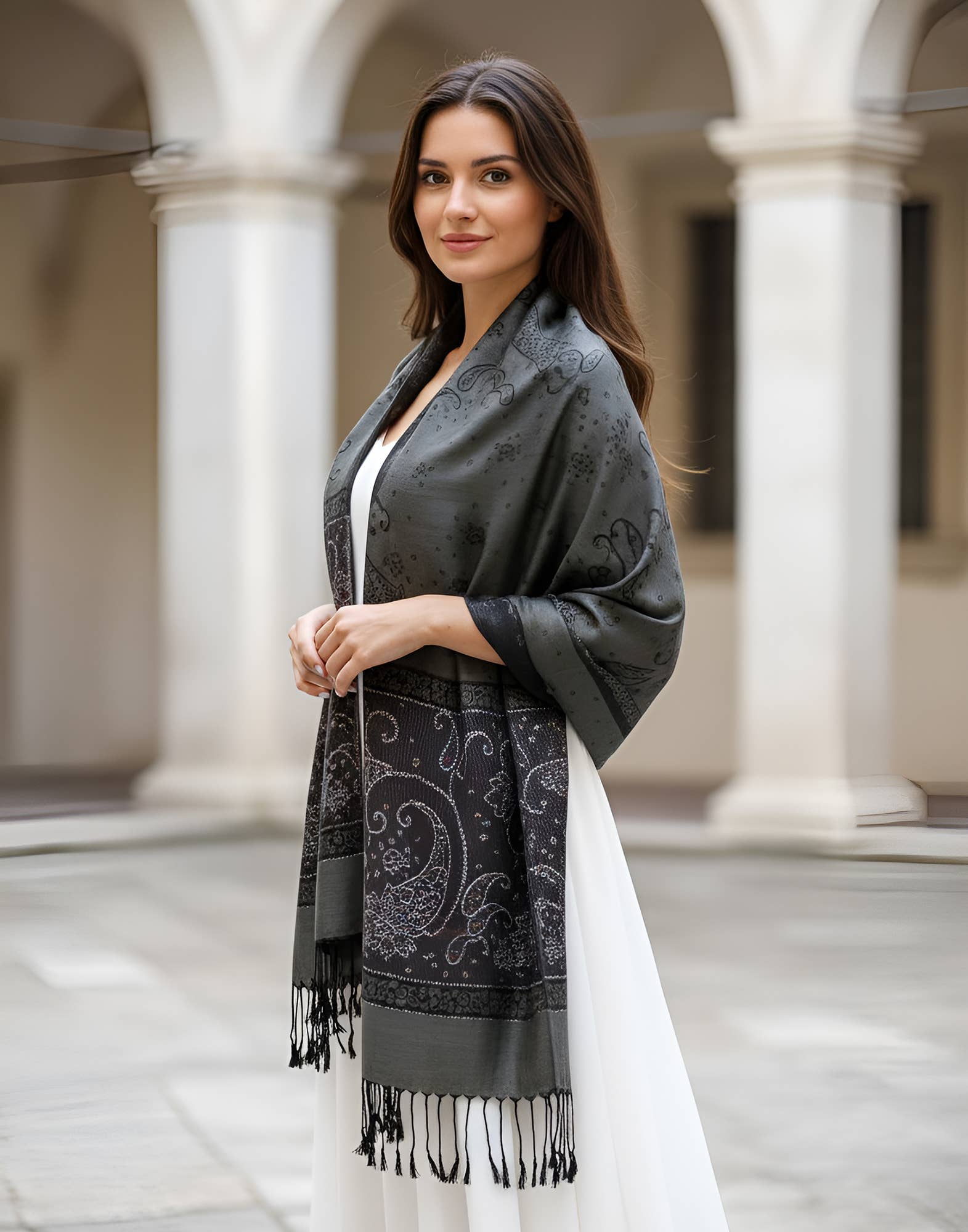 SERENITA - Wholesale Scarf - Women's - Lurex Section Metallic Paisley Pashmina Shawl Wrap Scarf8