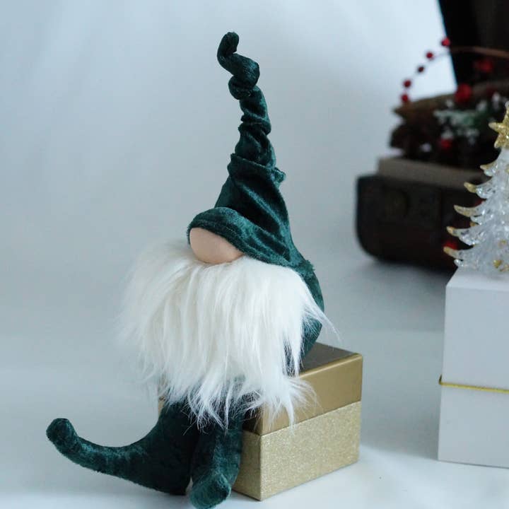 Green Velvet Christmas Elf gnome with over sized feet for wholesale by Gnomevillestudios