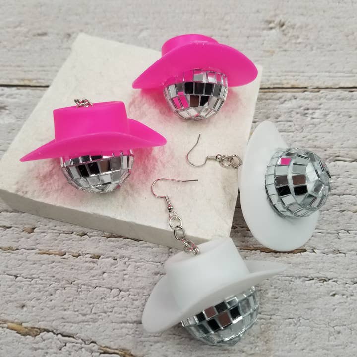 Large Disco Ball Cowgirl Earrings - Rose & White for wholesale by Treasure Wholesale