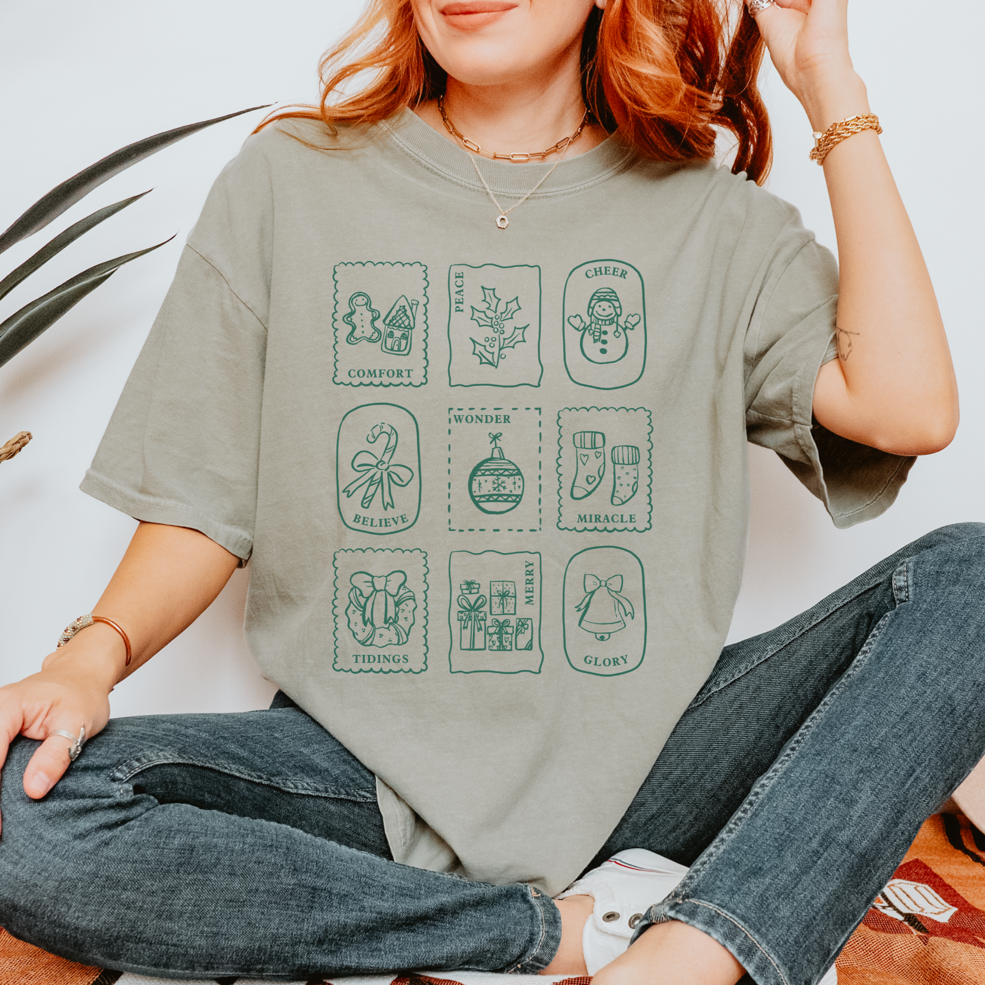Scripted Pearl - Wholesale Screen Printed T-Shirt - Women's - Christmas Stamps Comfort Colors Holiday Graphic T Shirt2