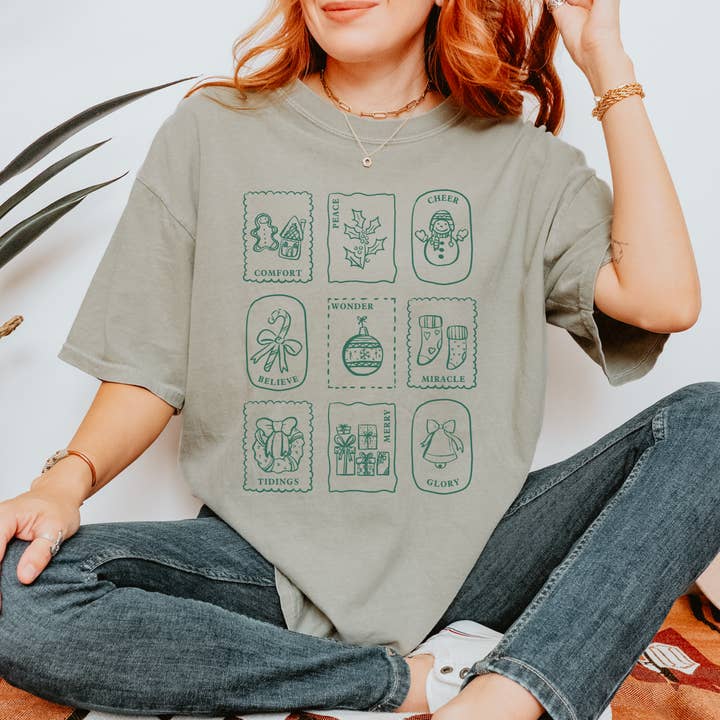 Scripted Pearl - Wholesale Screen Printed T-Shirt - Women's - Christmas Stamps Comfort Colors Holiday Graphic T Shirt2