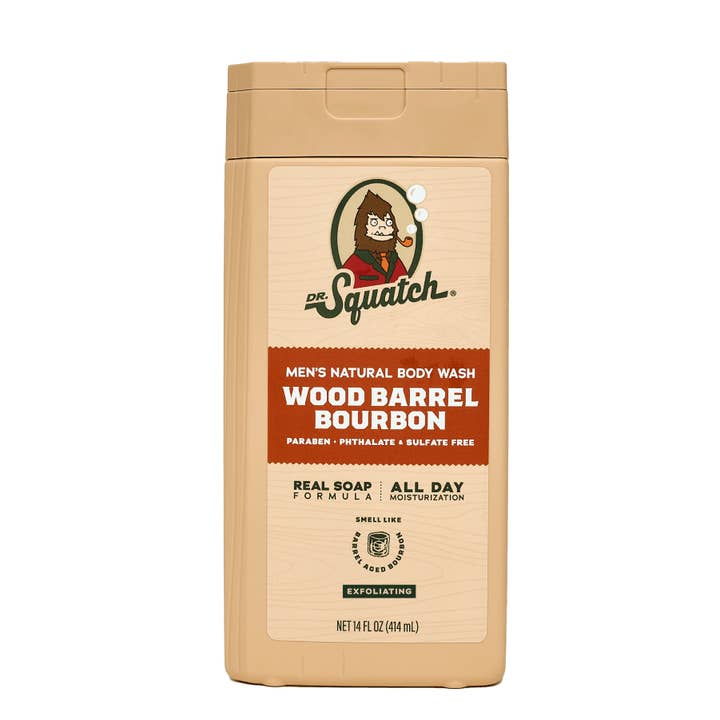 Wood Barrel Bourbon Exfoliating 14oz Body Wash 6ct Case Pack for wholesale by Dr. Squatch
