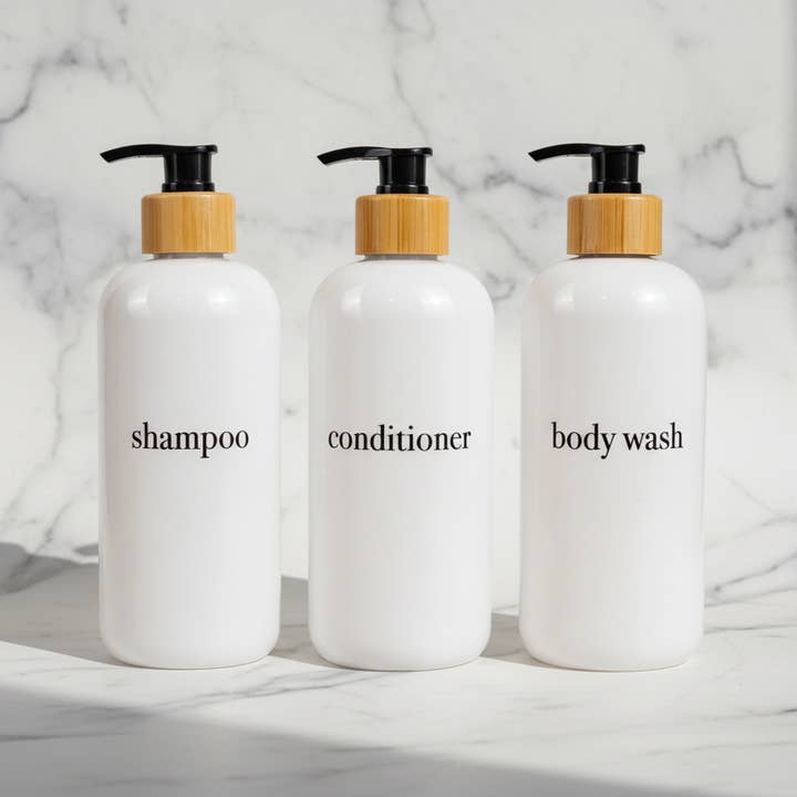 Joie Designs Co. | Refillable Bottles - Wholesale Soap Dispenser - Shampoo & Conditioner Bottle Sets - Refillable | White Dispensers | Bamboo or Plastic Tops6