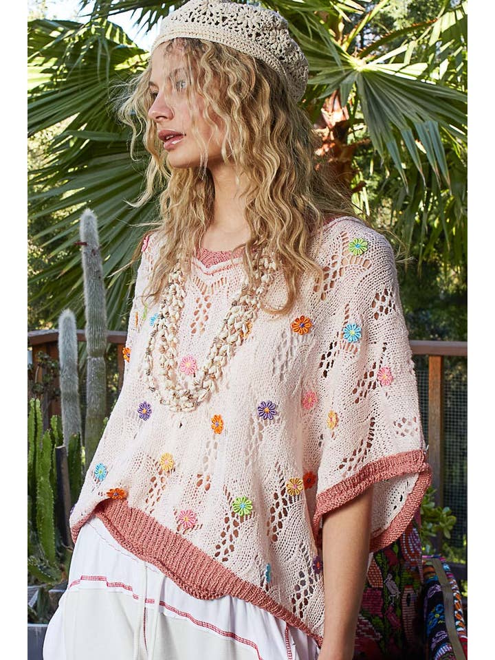 Pol Clothing - Wholesale Knit Top - Women's - V-neck sleeveless flower outseam thin sweater top
