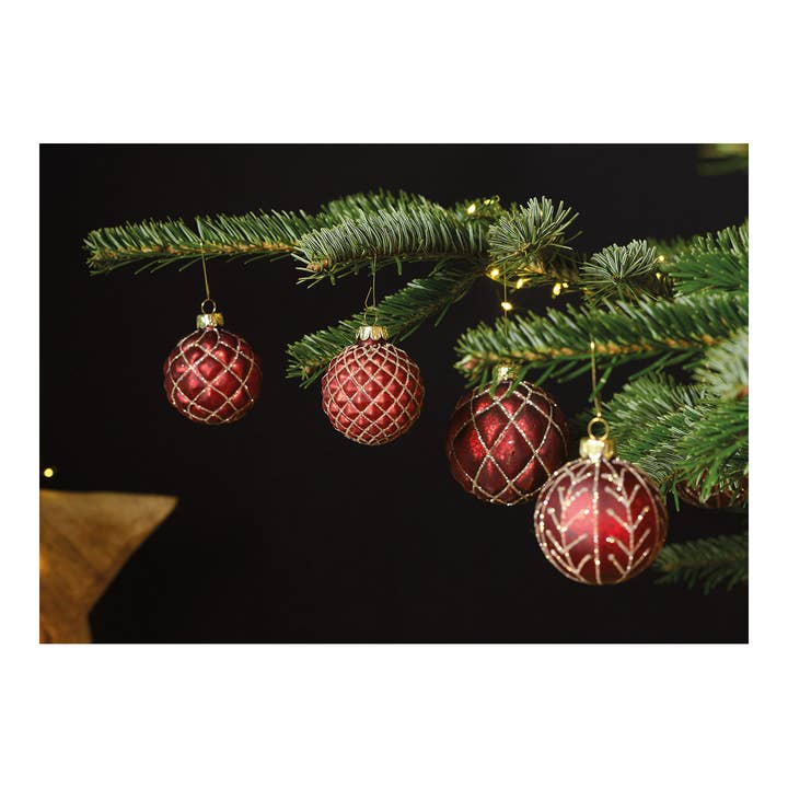 Wurm - Wholesale Christmas Decoration - Christmas Bauble Glitter made of Glass, set of 4, Red/Gold Ø8cm3
