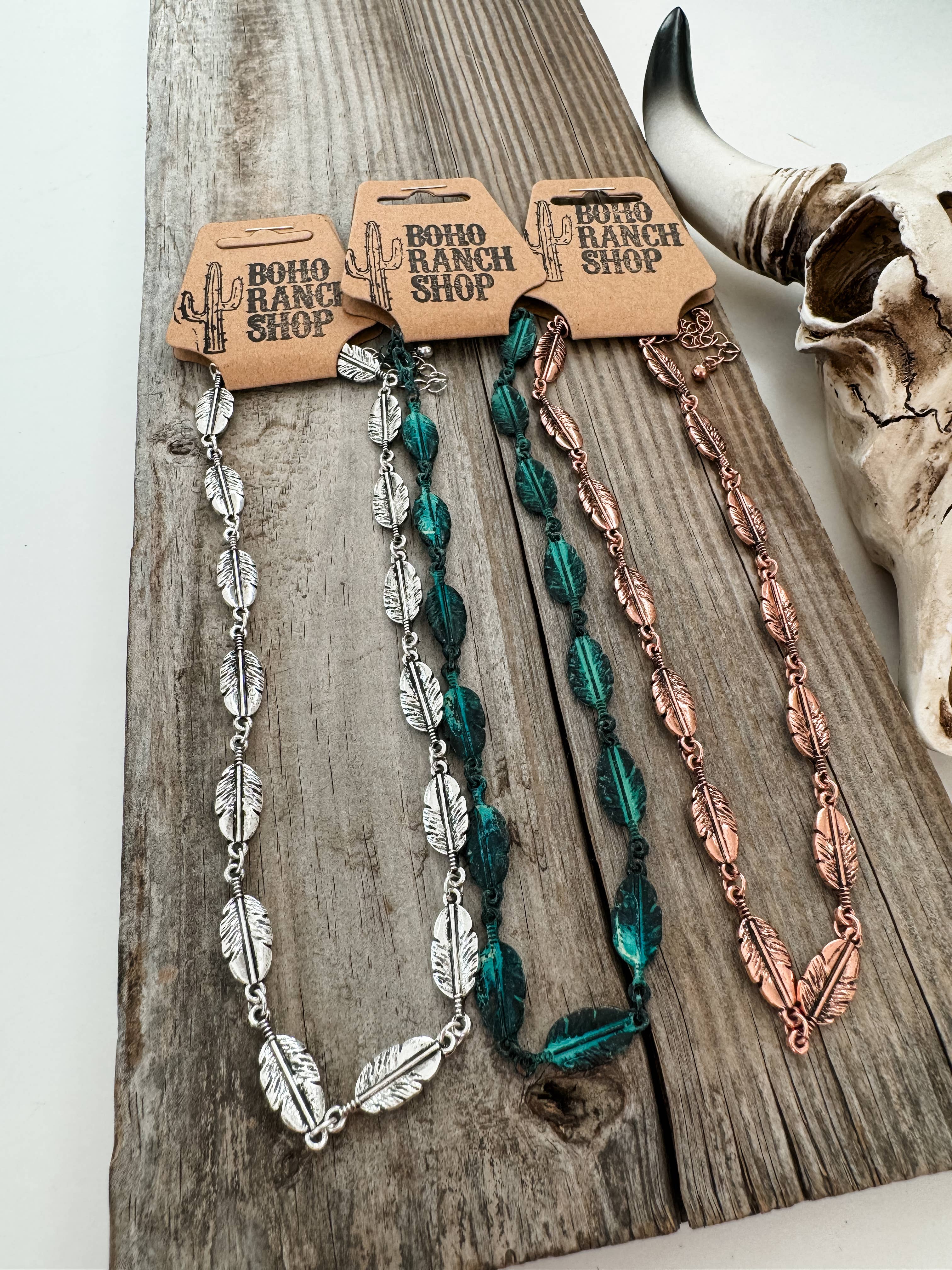 Boho Ranch Shop - Wholesale Choker/Collar - Western Feather Choker - Copper, silver and patina turquoise1