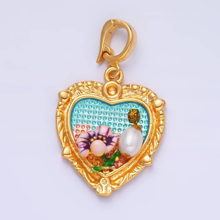 24K Gold Filled Flower Garden Heart Enamel Charm with Snap Bail Pendant | AA-1470 for wholesale by Aim Eternal