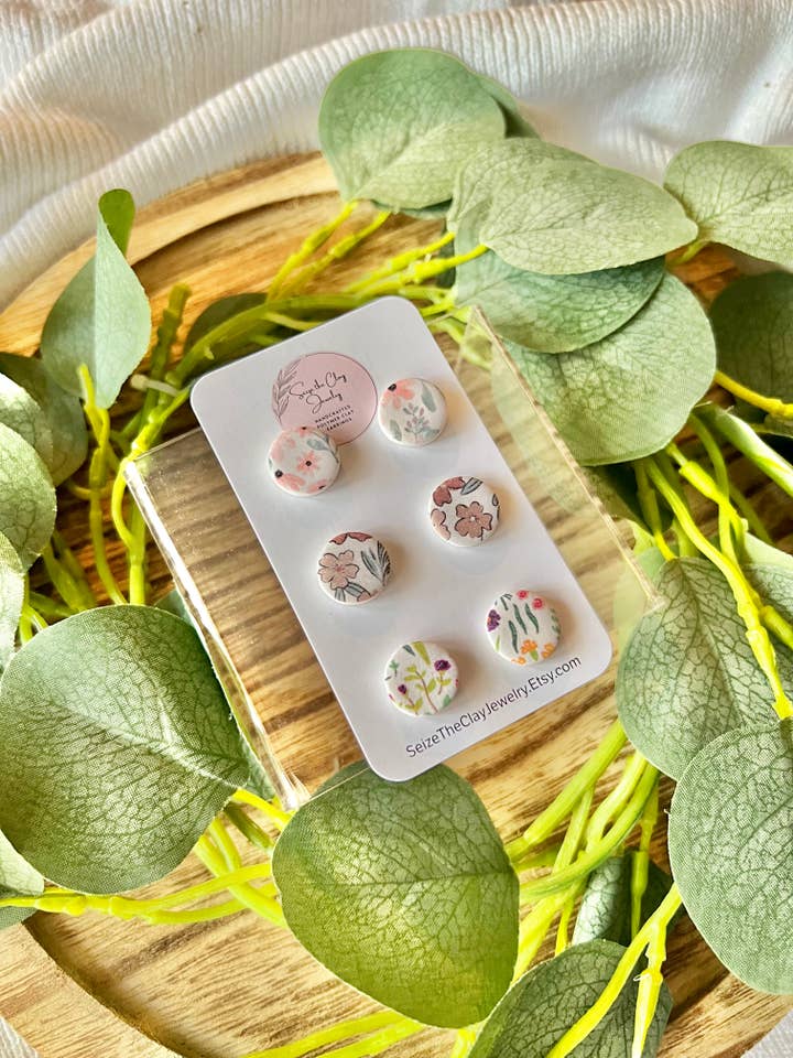 Pink Flower Studs, Neutral Flower Studs, Wildflower Studs for wholesale by SeizeTheClayJewelry