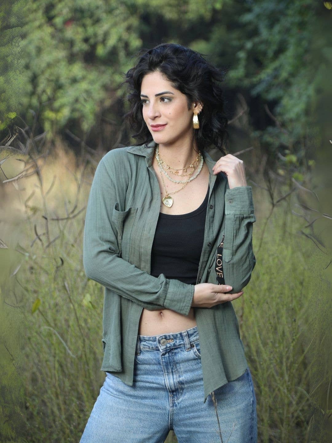 Boho Peace Sign Shirt in Olive Green – Double Gauze Cotton for wholesale on Faire2