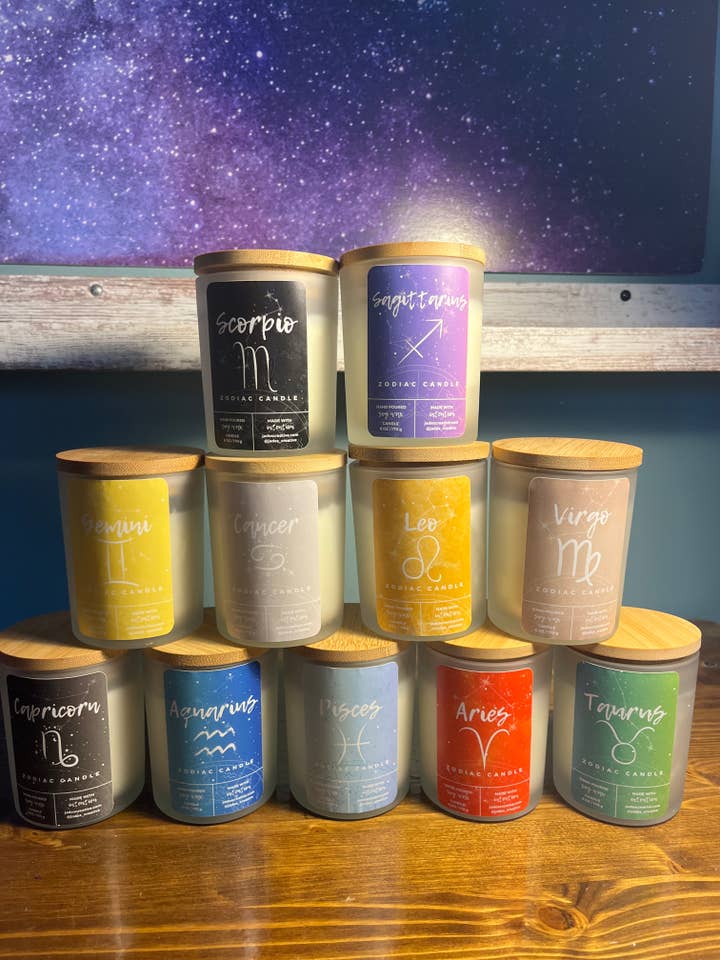 Håndstøbte stjernetegnslys af sojavoks for engroshandel hos Jade's Creative