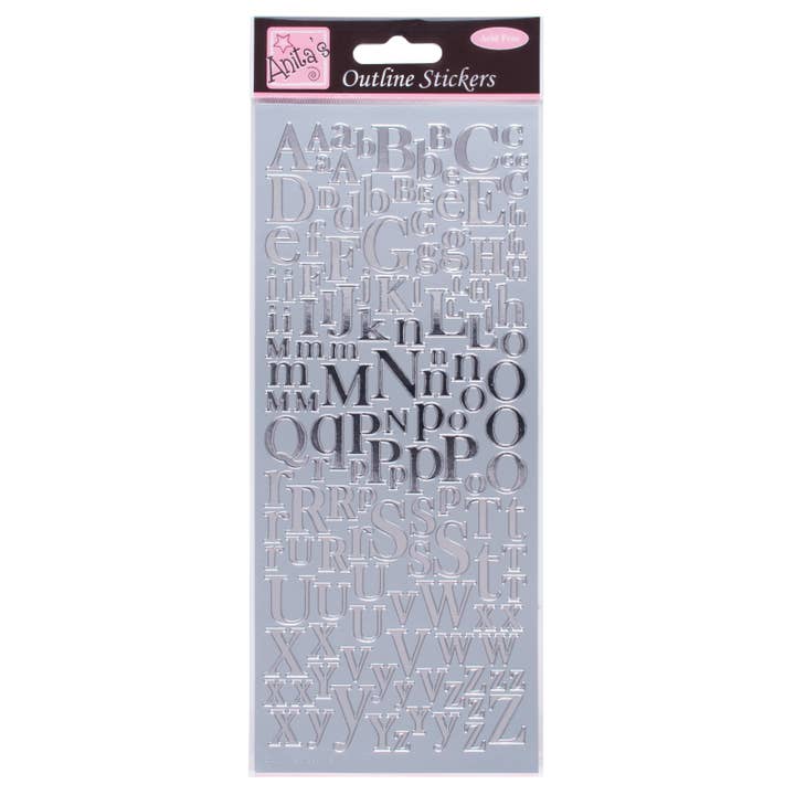 Anitas Outline Stickers, Mixed Serif Alphabets, Silver for wholesale by West Design Products UK