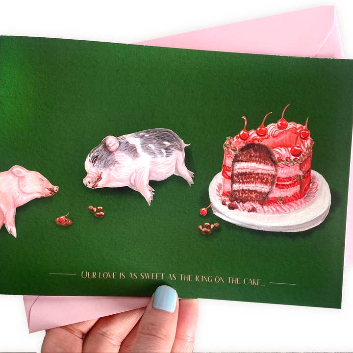Funny Pig cake Valentines Card- hand illustrated for wholesale by Hannah Farrs