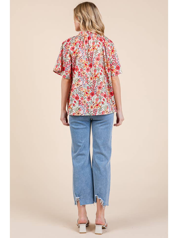 Dk Coral Multi Floral Short Sleeve Blouse, MT51756 for wholesale on Faire