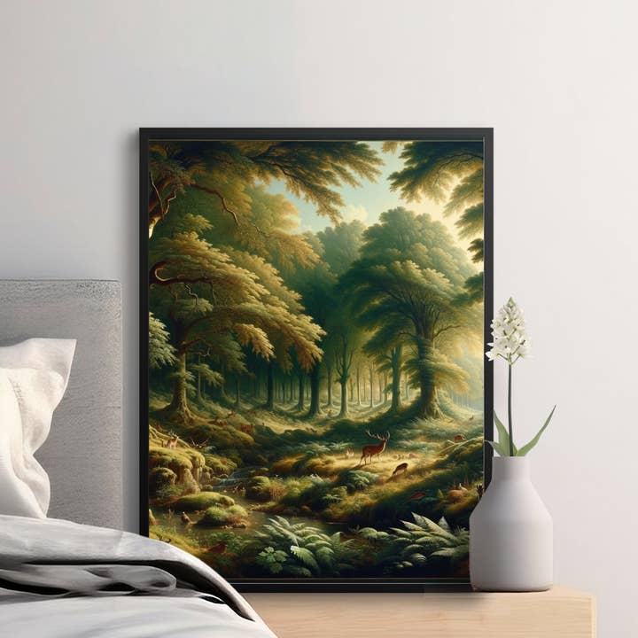 Impressão em tela de floresta encantada, veados, vida selvagem, natureza, paisagem, arte de parede, pôster de árvores místicas grandes, decoração de casa por atacado de FreakyTeeFactory