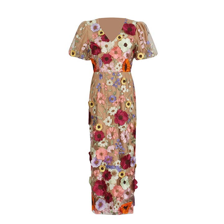 Vestido Maxi com Decote em V e Mangas Bufantes Bordadas por atacado de Productseeker