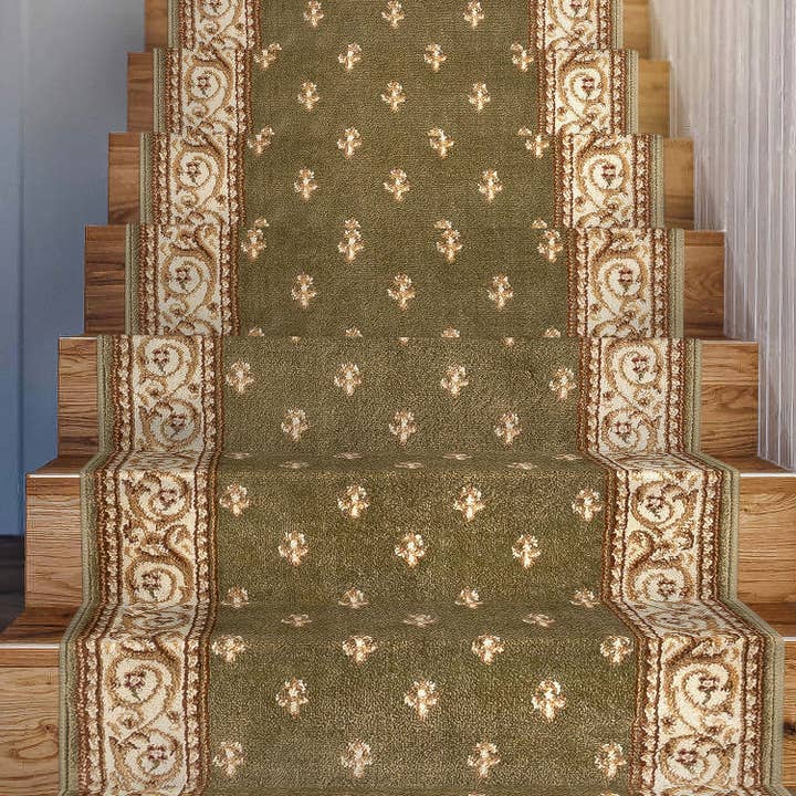 Pasillo y Escalera de Tamaño Personalizado Alfombra de Pasillo Tradicional Verde con Flor de Lis 27 Pulgadas de Ancho x Elija la Longitud Personalizada de la Alfombra. para venta al por mayor de Well Woven