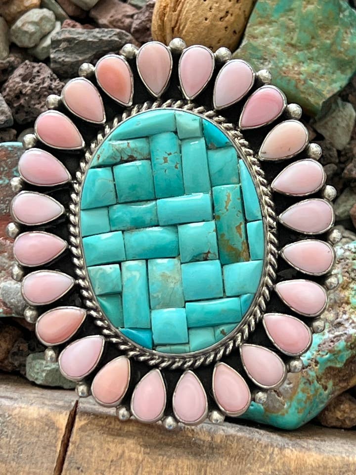 Navajo Kasseien Kingman Turkoois en Roze Conch Cluster Ring door Aaron Tallis, Verstelbaar voor wholesale door Nizhonitradersllc