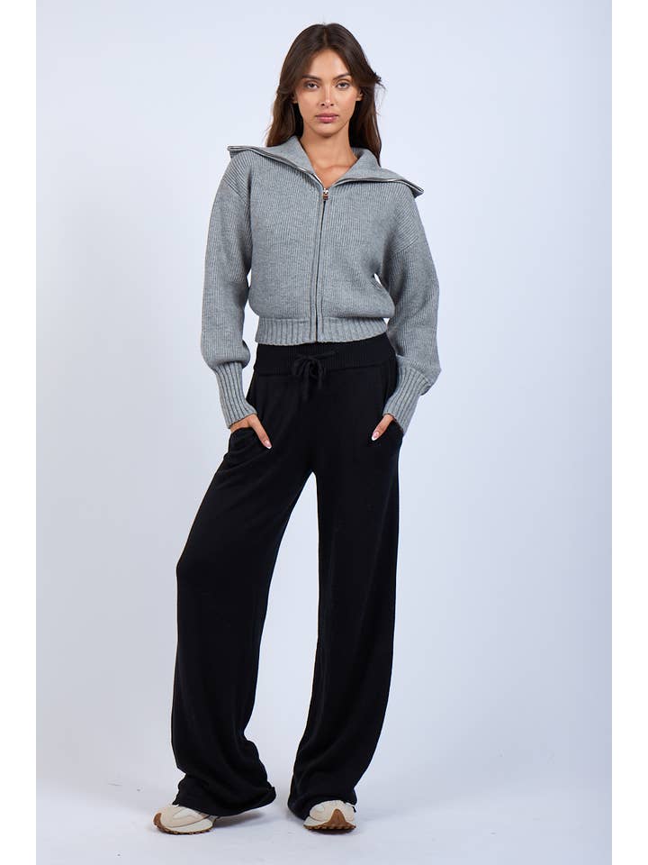 Sky to Moon - Wholesale Knit Sweater - Women's - SOLID COLOR WIDE COLLAR CROP ZIP SWEATER