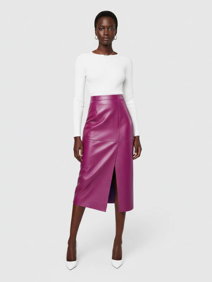 Magenta Vegan Leather Midi Pencil Skirt BLEECKER: New Colección COUTURE in NOLITA - BYMANYC ® New York for wholesale by BYMANYC NEW YORK