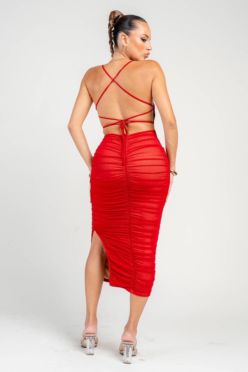 PRIVY – Engroshandel Kjole - Dame – PD73176B_LUX MESH SNØREBÅND MED RYNKET RYG OG MIDI KJOLE7