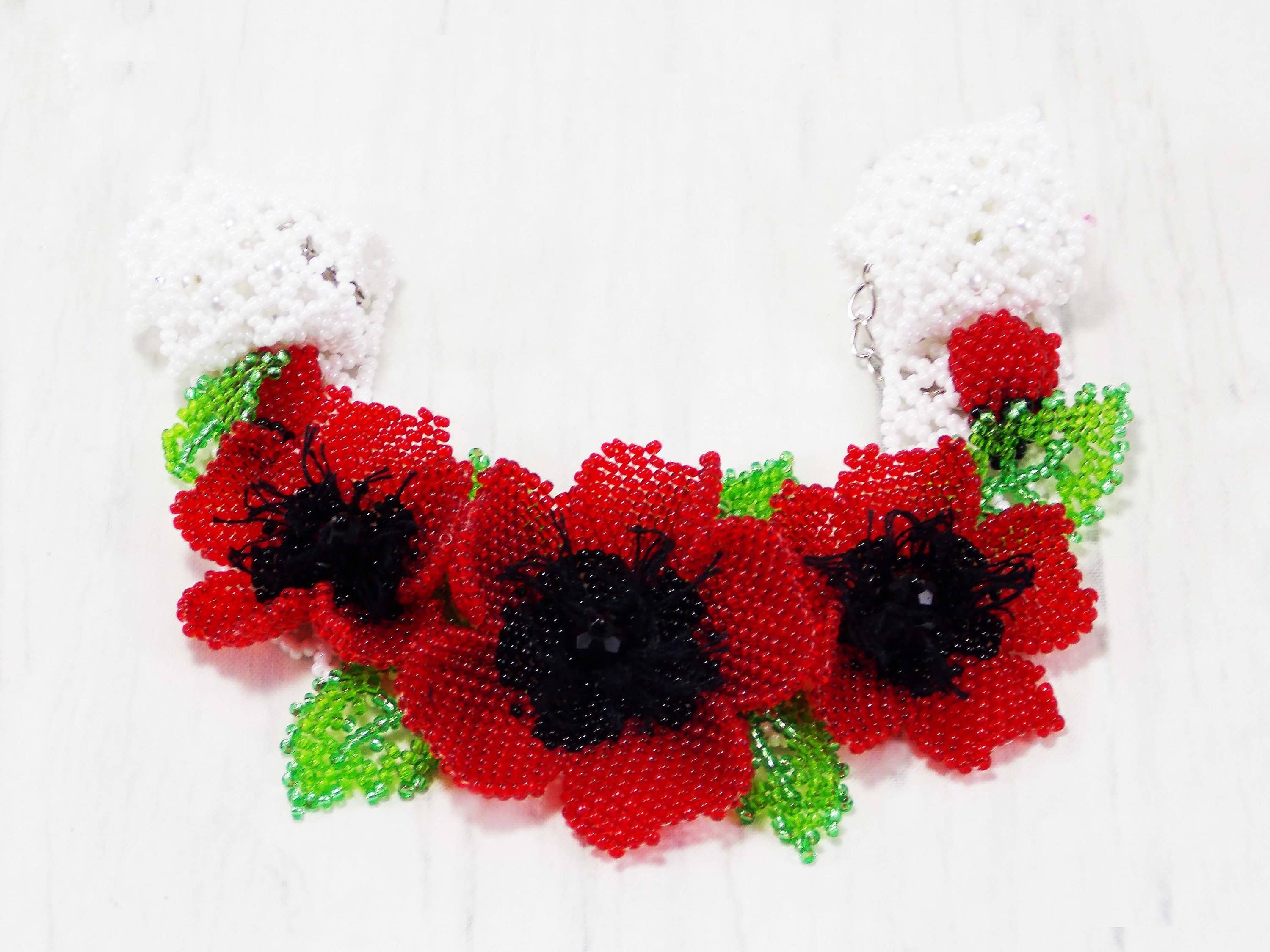 Ninolia - Vente Collier de perles - Collier de fleurs de coquelicot rouge 3 pièces déclaration collier de fleurs rouges grand bijoux nature feuille8