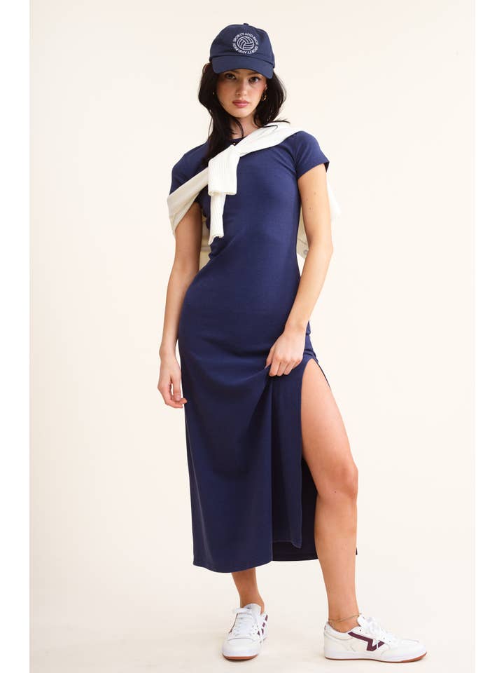 Navy Stretchy Side Slit Detail Short Sleeve Midi Dress for wholesale on Faire1