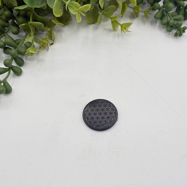 Meraki Gemstones - Wholesale Spiritual Stone/Crystal - Shungite EMF Cell Phone Tile Engraved w/Flower of Life-30MM