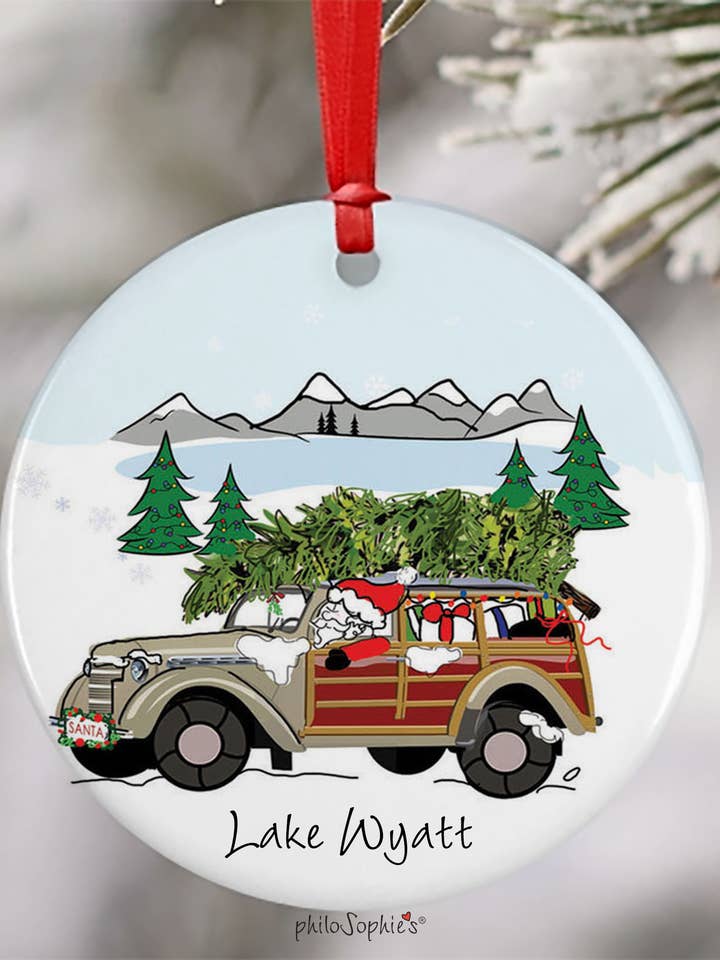 Wagon, Name Drop - Santa in Wagon in Mountains for wholesale by philoSophie's Stationery & Gifts