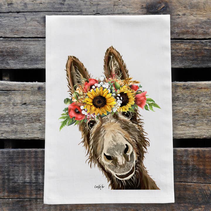 Fall Sunflower Donkey Tea Towel, Farmhouse Towel Decor for wholesale by Hippie Hound Studios