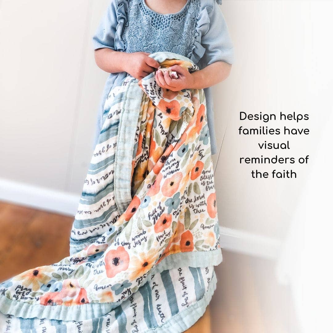 The Little Rose Shop - Wholesale Bedding Blanket - Kids & Baby - Watercolor Hail Mary Luxury Double Sided Muslin Catholic Blanket4