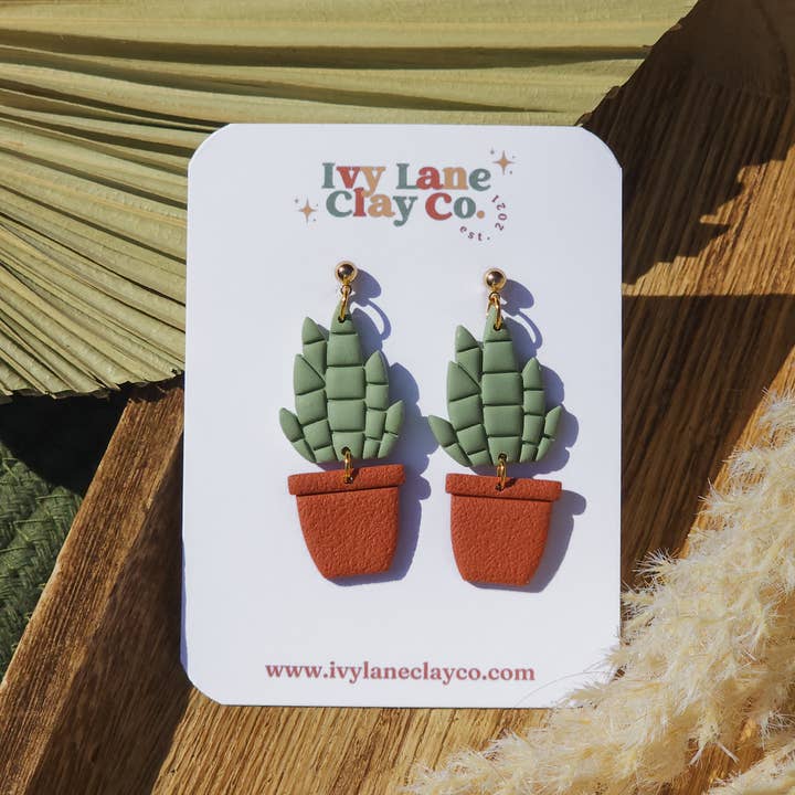 Ivy Lane Clay Co. - Vente Boucles d'oreilles pendantes - Plantes et pots | Cottagecore | Boucles d'oreilles en pâte polymère5