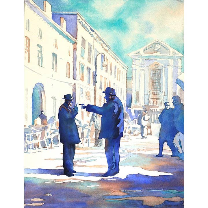 Œuvre d'art italienne : deux hommes âgés se disputant sur une place en Italie. Aquarelle d'art représentant des hommes en Italie, décoration d'intérieur en Italie, œuvre d'art (impression) pour la vente par Ryan Fox Fine Art