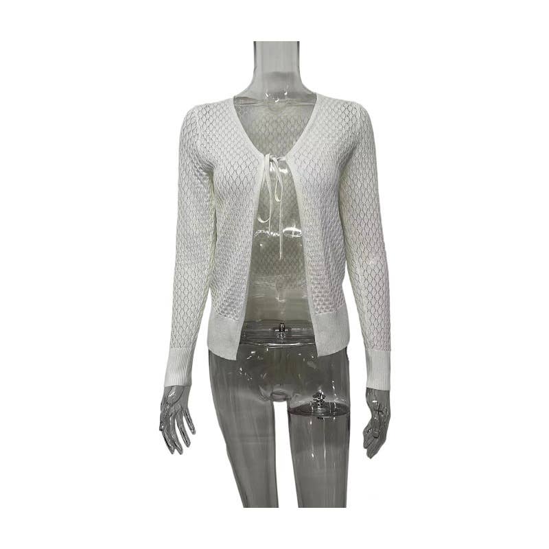 White Textured Lace-Up Cutout-Knit Cardigan for wholesale on Faire5