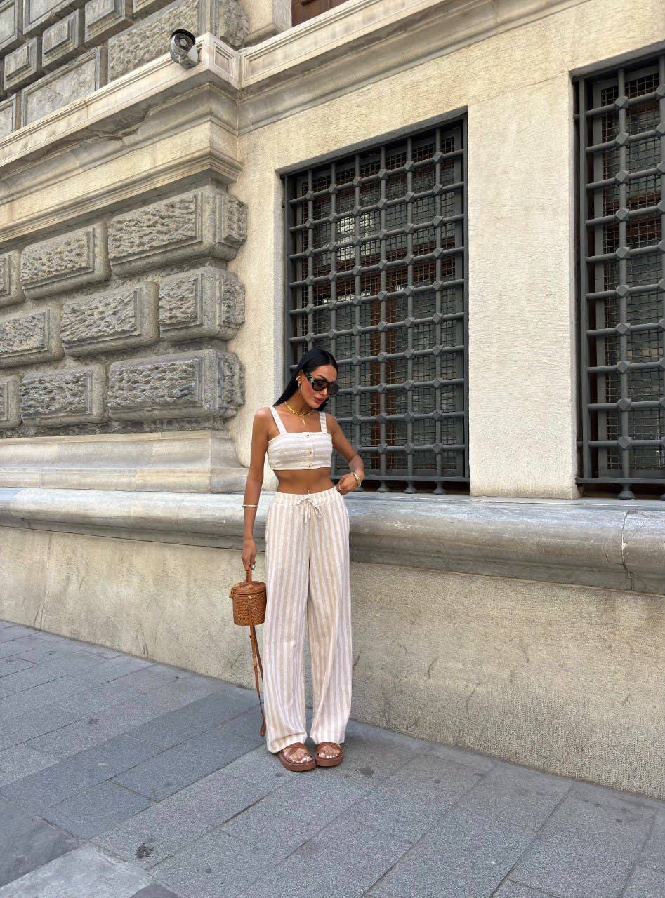 Design company-Fatma Balkir - Vendita all'ingrosso Completo top e pantaloni (NON loungewear) - Donna - Completo in lino - top corto a righe e pantaloni ampi17