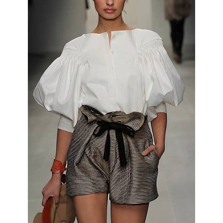 Sheer Trend - Wholesale Blouse - Women's - Puff Sleeves Buttoned Solid Color Blouses&Shirts Tops