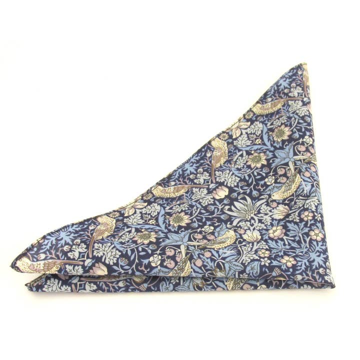 Strawberry Thief Blue Cotton Pocket Square Made with Liberty Fabric for wholesale by Cecil Jones