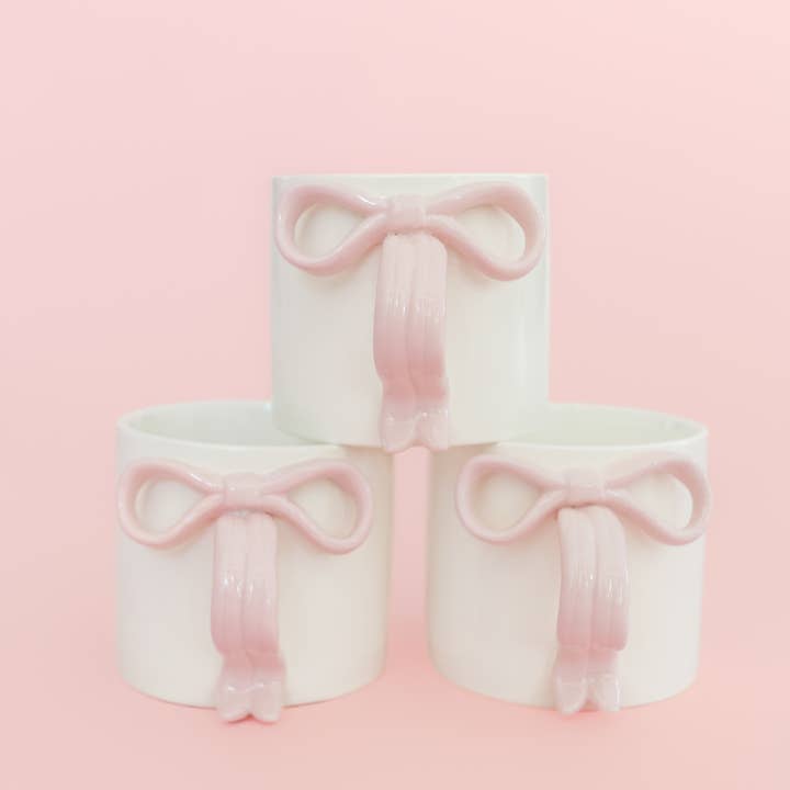 Rock Paper Scissors - Wholesale Coffee Mug - Blush Pink Bow Ceramic Coffee Mug with Ribbon Handle