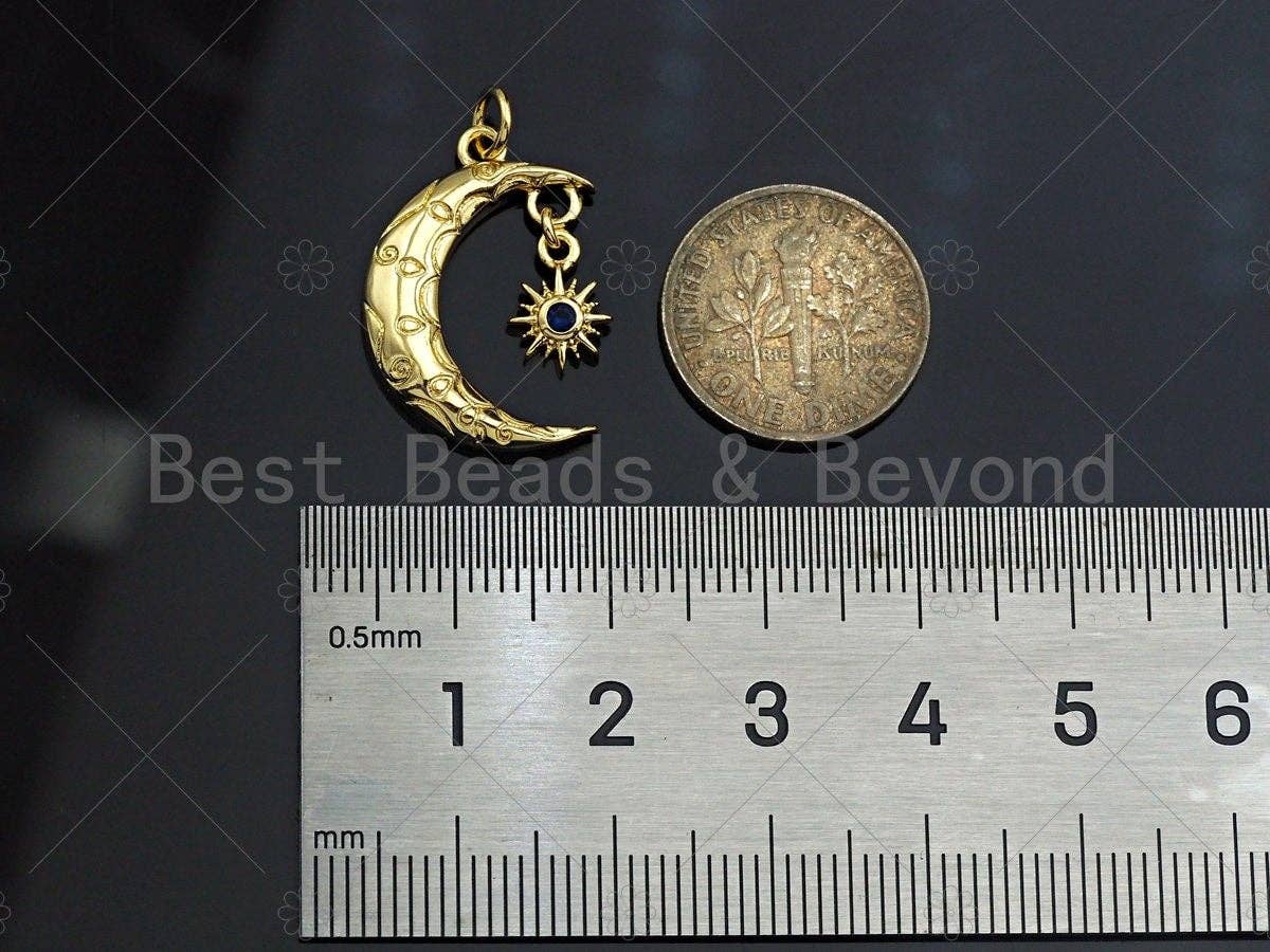 BestBeads&Beyond - Wholesale Individual Charm/Pendant - Cobalt CZ Micro Pave Cresent Moon With North Star Shape Pendant Charm, Cubic Zirconia Moon Charm,15x22mm,Sku#LK1584