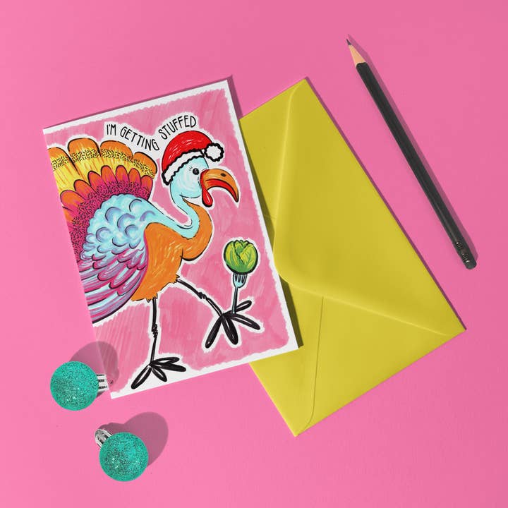 'I'm Getting Stuffed' A6 Turkey Bird Christmas Card for wholesale by Don Design