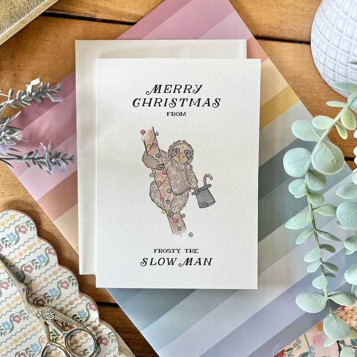 Navidad – Frosty el Hombre Lento, tarjeta de perezoso con juego de palabras en acuarela para venta al por mayor de kenziecards