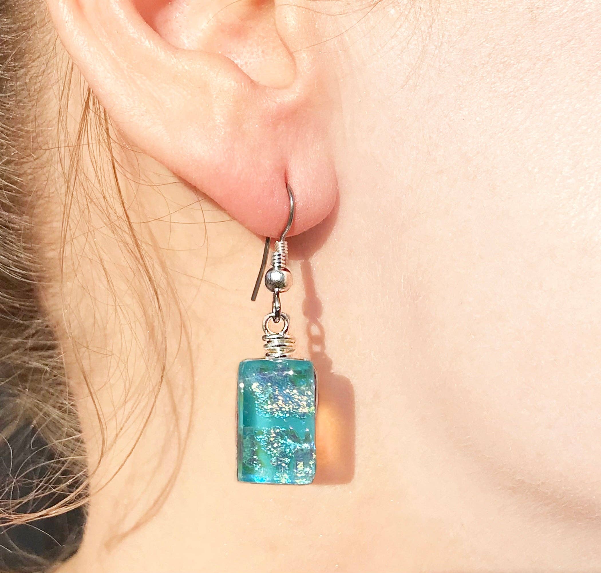 Flame Work Designs - Glass Jewelry - Wholesale Dangle Earrings - Dichroic Glass Earrings - Light Blue3