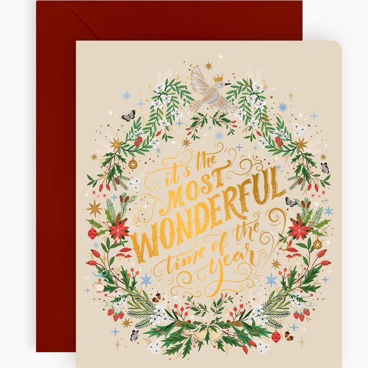 Bespoke Letterpress - Wholesale Christmas card - "It's the most wonderful time of the year" Christmas Card (Wreath)