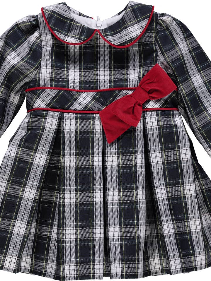 Vestido de bebé xadrez preto e branco om laço vermelho for wholesale by Piccola Speranza