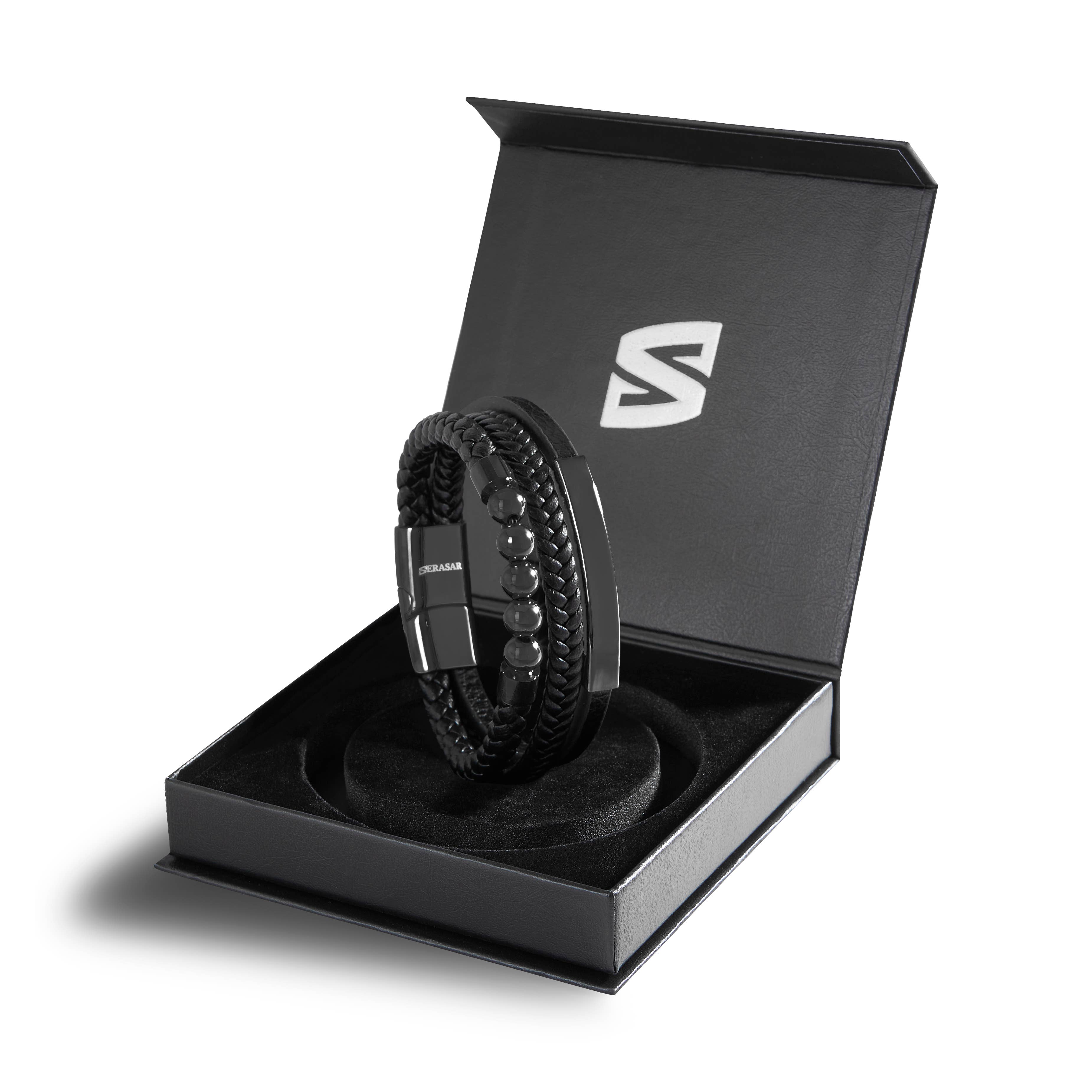 SERASAR - Venta al por mayor Pulseras tejidas/trenzadas - Pulsera de cuero «Perla» - negro - B0361