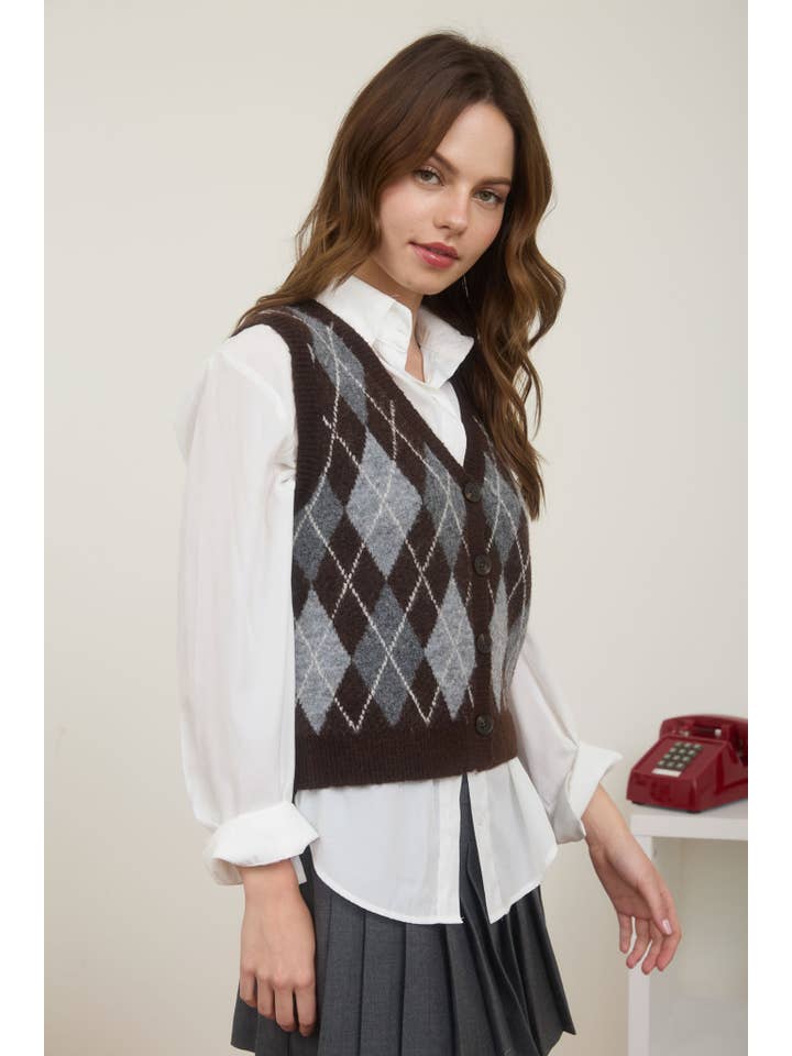 The Workshop Studio - Vente Veste sans manches – femme - GILET EN MAILLE À BOUTONS AVEC MOTIF ARGYLE2