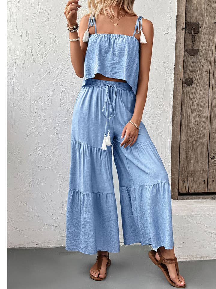 Solid Spaghetti Strap Top & Wide-Leg Pants 2pcs Set BFZY1513 for wholesale by UNISHE