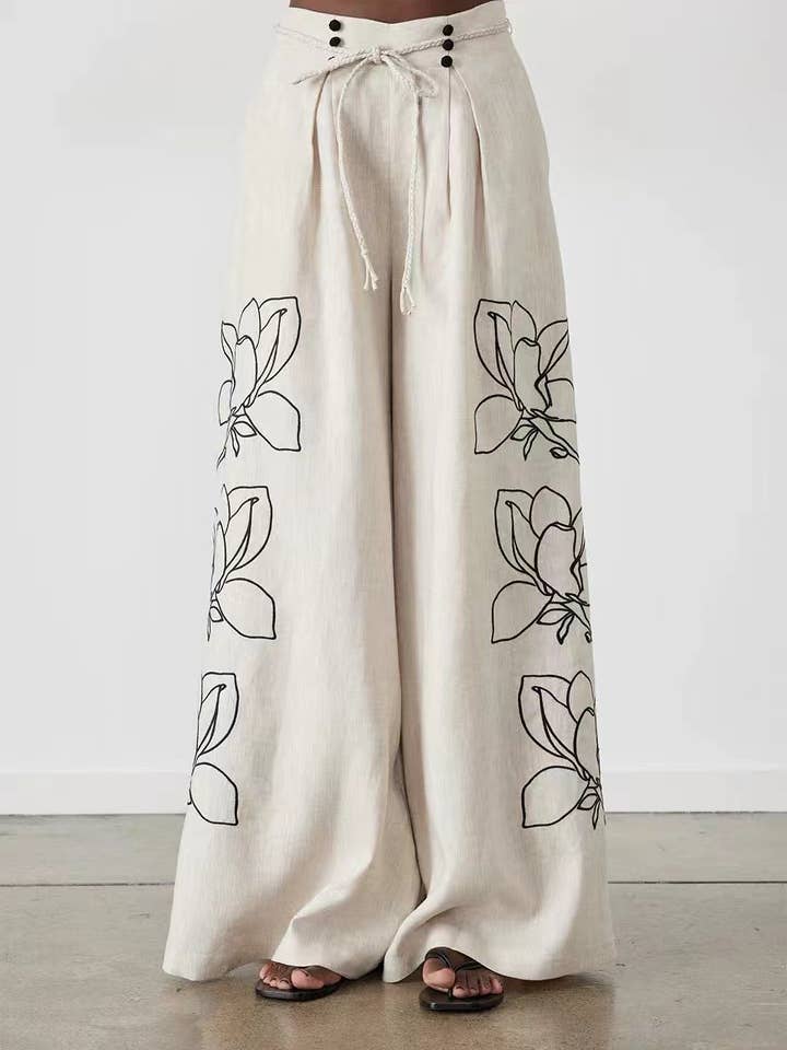 Rosa Clothing - Wholesale Top & Pant Set (NOT Loungewear) - Women's - Fashion Literary Vintage Print Top Wide-Leg Pants