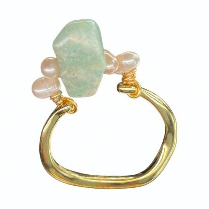 Amazonite & Akoya Pearl Cocktail Ring – Handmade in Gold-Plated Stainless Steel for wholesale by Lucy Andy Jewellery