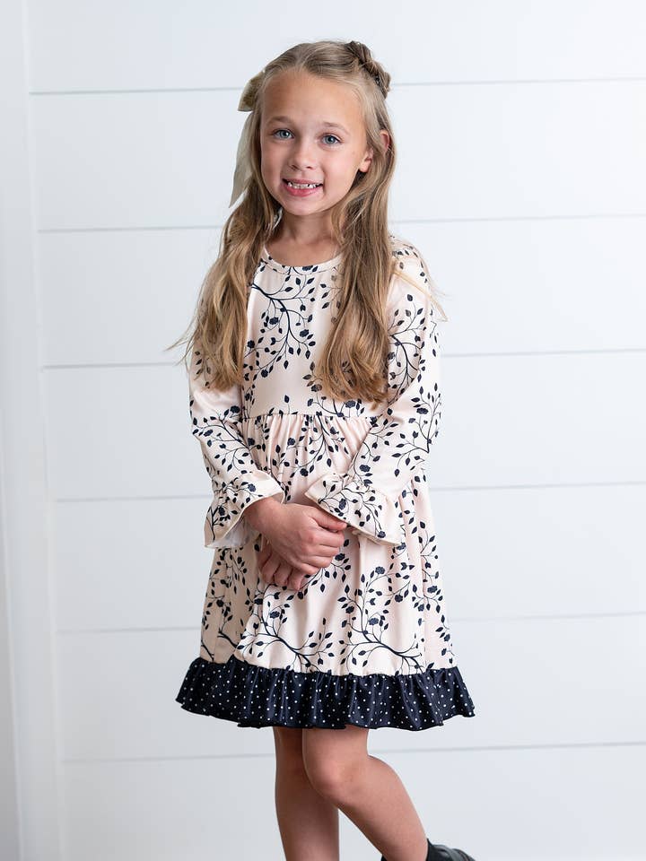 Girls Claire Beige Fall Leaf & Polka Dot Twirl Dress for wholesale by Adorable Sweetness